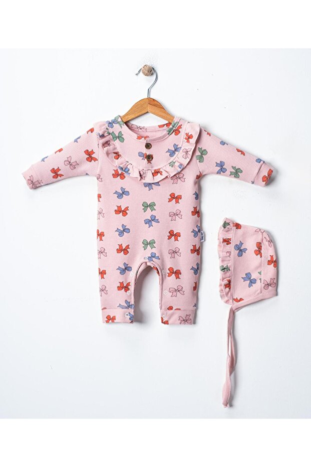 Baby Girl Romper with Bow and Ribbon Hat