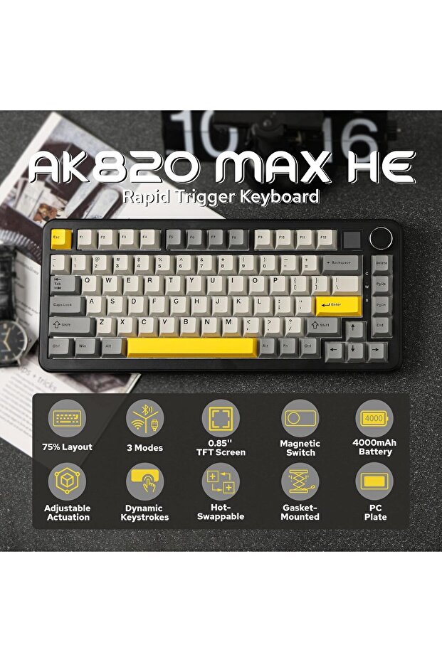 كيبورد ميكانيكي AK820 MAX PLUS ثلاثي الوضع مزود بشاشة TFT بطارية 8000mAh اضاءة RGB أسود - 6