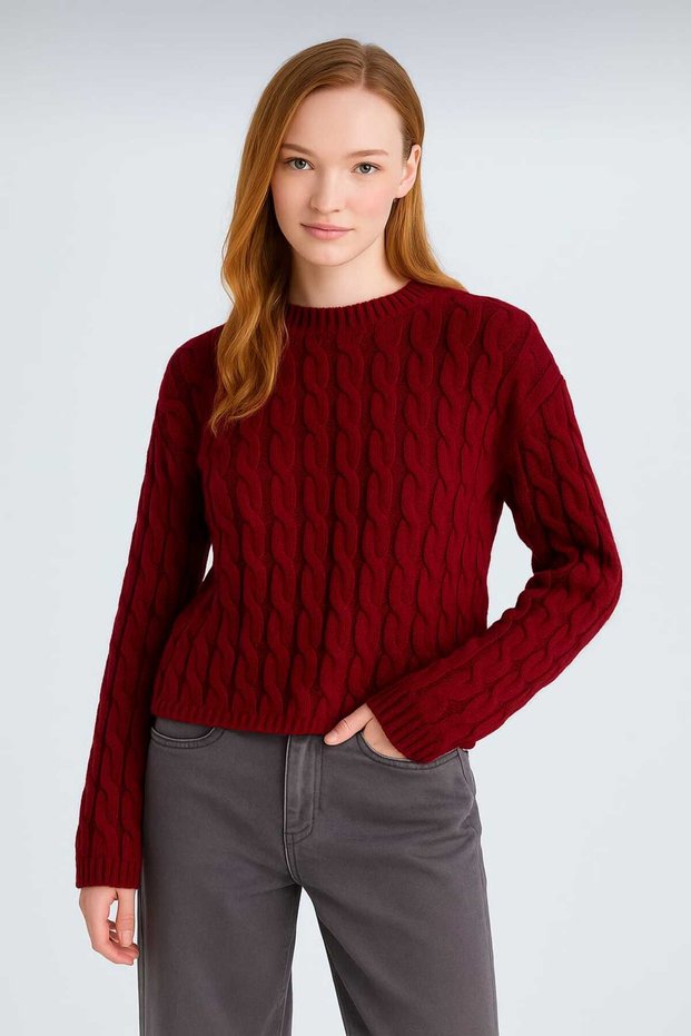 Women's Crop Cool Regular Fit Crew Neck Hair Braided Knitwear Women's Sweater Md571