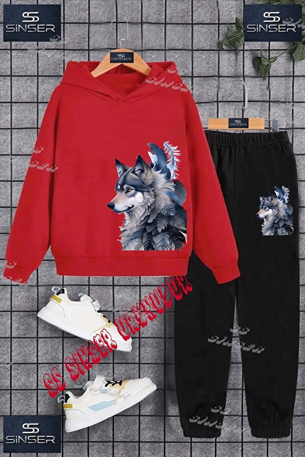 Children's Unisex "Wolf Gray Yanda" Special Printed Hooded Tracksuit Set