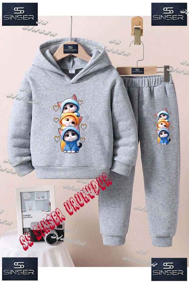 Children's Unisex Custom Printed Hooded Tracksuit Set with the Text: "Cats in Pajamas with Hearts".