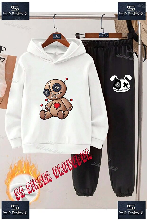 Children's Unisex Custom Printed Hoodie and Sweatpants Set with Patchwork Bear and Brown Letters