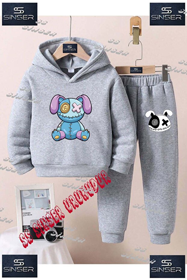 Children's Unisex "Blue Purple with Bear Patches" Custom Printed Hooded Tracksuit Set