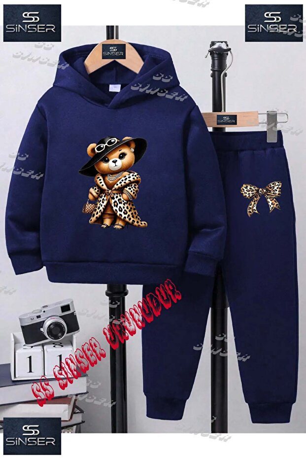 Children's Unisex Custom Printed Hooded Tracksuit Set with Hoodie and Sweatpants, Pattern: Bear with Leopard Coat
