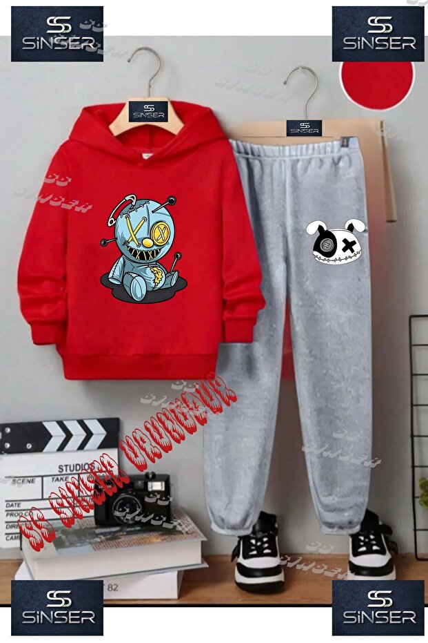 Children's Unisex Custom Printed Hoodie and Sweatpants Set with Patchwork Bear and Turquoise Pins