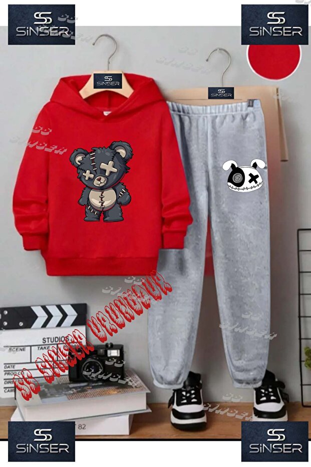 Children's Unisex "Bear Patched Gray" Special Printed Hooded Tracksuit Set