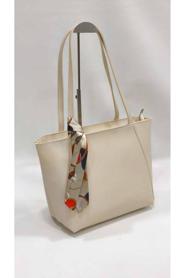 Cream Color Large Size Women's Shoulder Bag with Scarf Detail