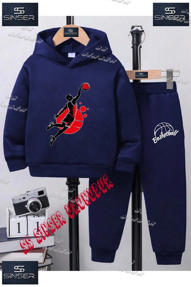 Children's Unisex'Basketball Player Black Red' Custom Printed Hoodie Tracksuit Set