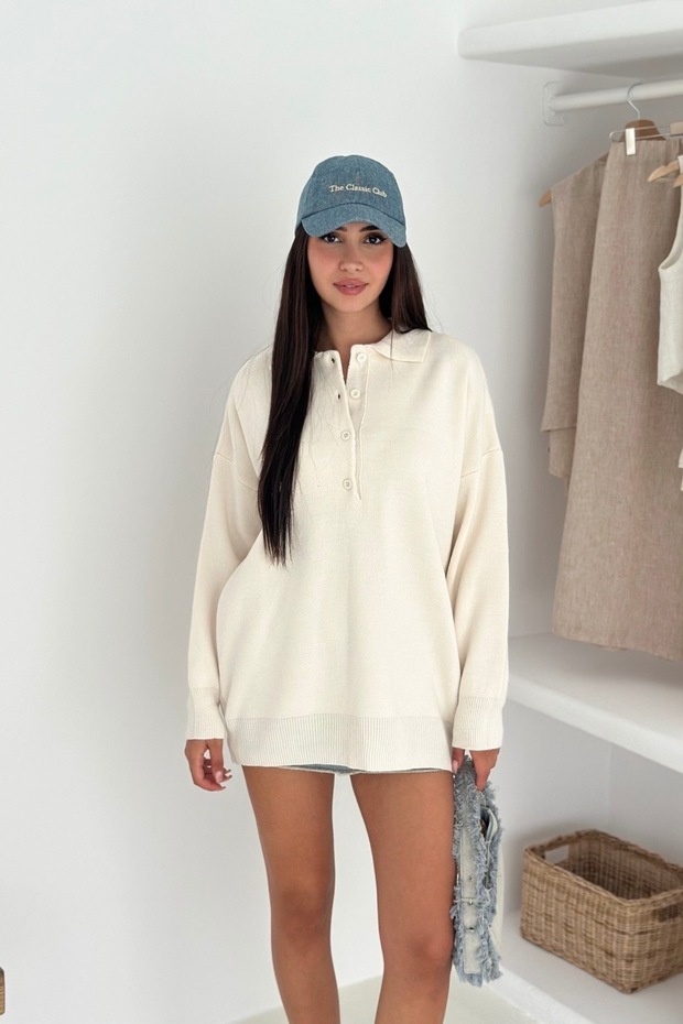 Polo Neck Oversize Half Placket Buttoned Knit Sweater Aw25Kz0025