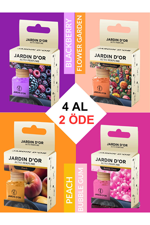 JARDIN D'OR 4 AL 2 ÖDE AUTO PERFUME BLACKBERRY BUBBLE GUM PEACH FLOWER G 8 ML OTO KOKUSU SAKIZ ŞEFTALİ BÖĞÜRTLEN