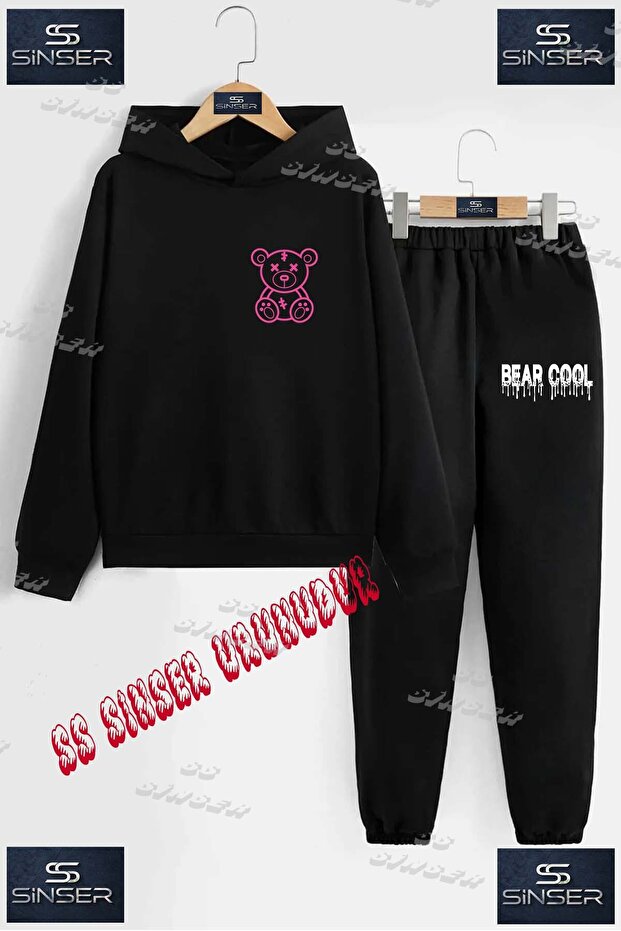 Children's Unisex Special Printed Hooded Tracksuit Set with the Text: "Bear with Pink Stripes on the Left Side".