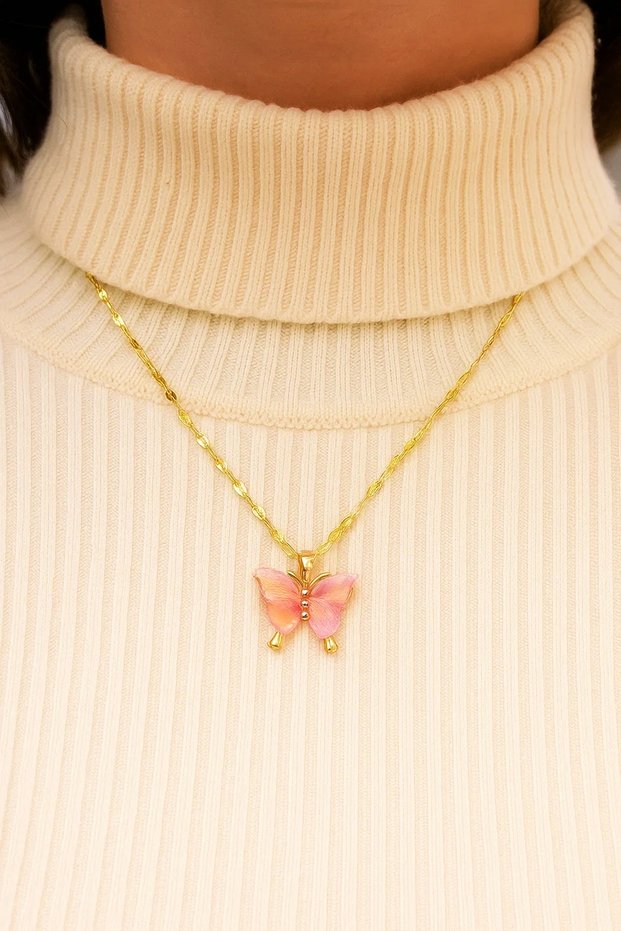 Pink Butterfly Figured Zircon Stone Gold Color Chain Women's Necklace Non-Tarnish Steel