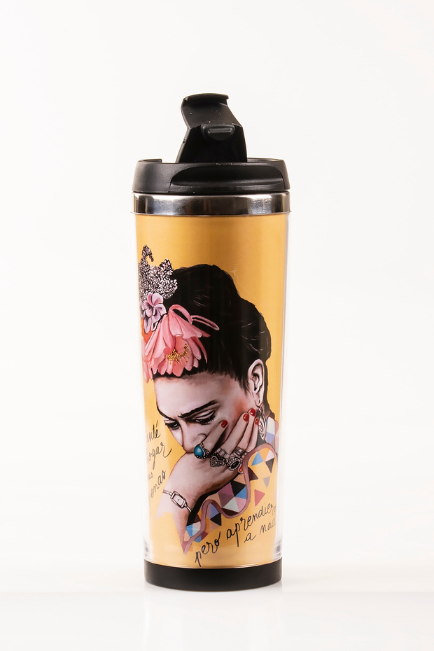 Frida Decorated Steel Mug - 360 ml | Leak-Proof Lid, Steel Inner Bowl, 19 cm