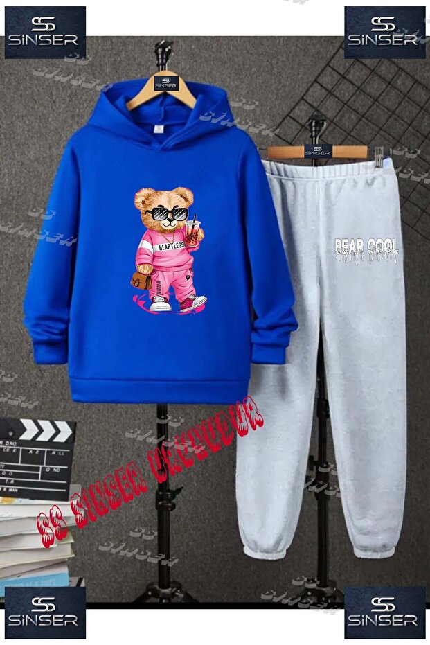 Children's Unisex Custom Printed Hoodie and Sweatpants Set with the Text: "Bear with Pink Clothes Is Drinking Water".