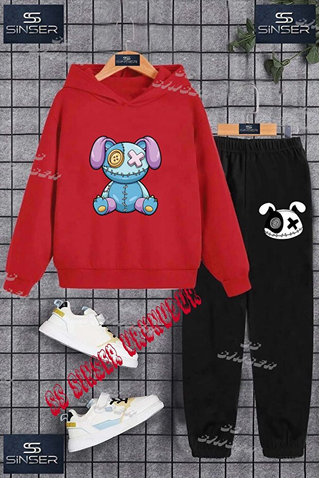 Children's Unisex "Blue Purple with Bear Patches" Custom Printed Hooded Tracksuit Set