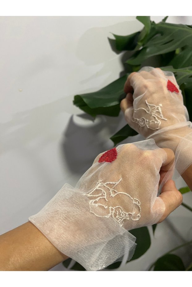 Nikah Gloves Special Design Tulle Gloves with Eros and Heart Embroidery after Party Bridal Gloves