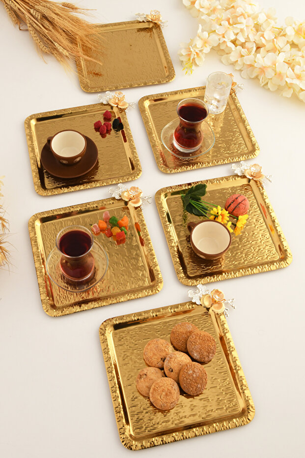 Oslo Gold Stainless Patterned Square Corner Butterfly Stone Detailed 6-Piece Coffee Tea Presentation Tray Serving Tray
