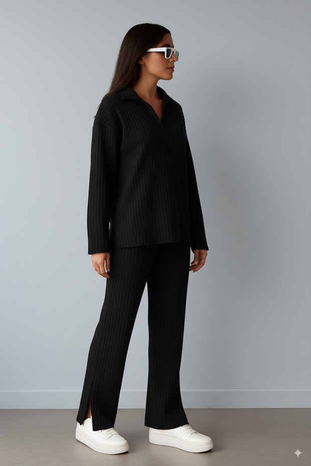 Women's Ribbed Collar Zippered Leg Slit Side Zippered Knitwear Set New Season Combination