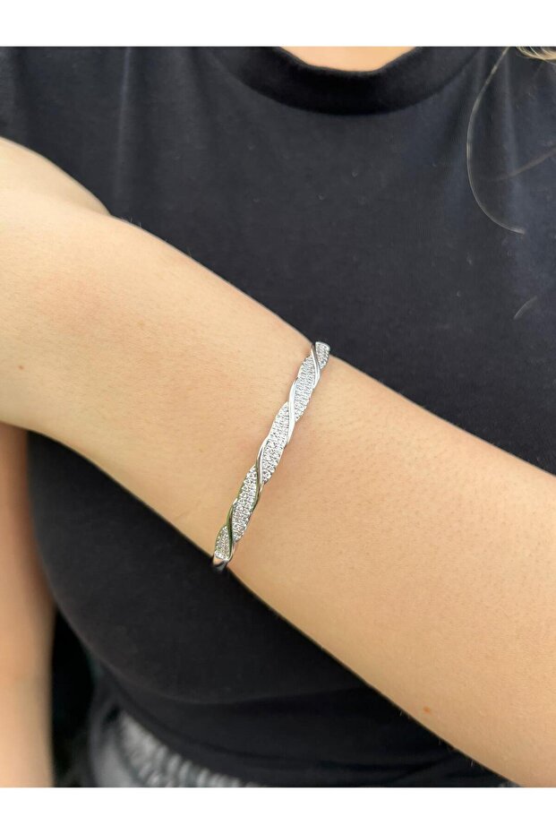 Curved Sparkle Non-Tarnish Steel Stone Bracelet