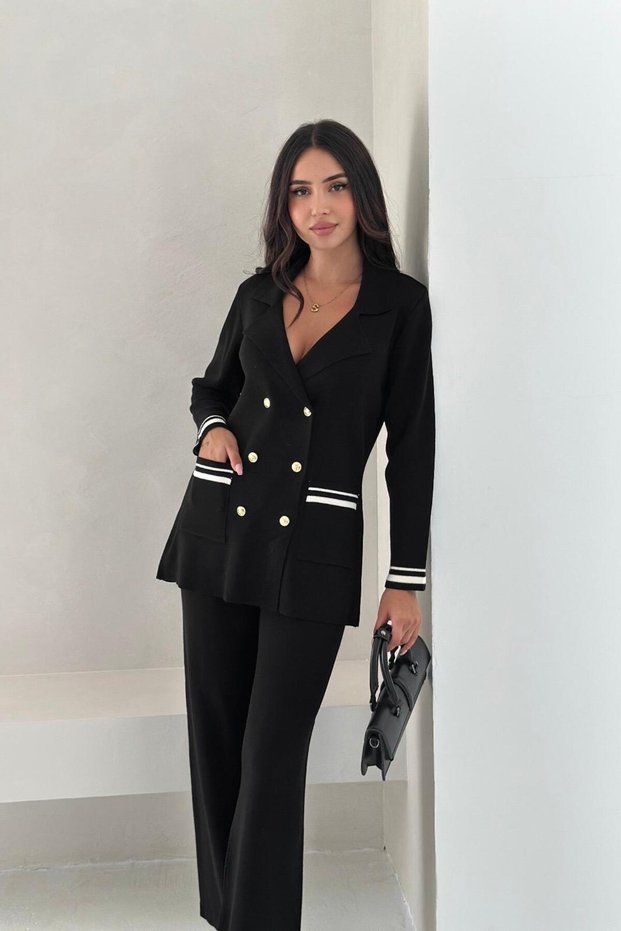 Double Breasted Collar Pocketed Knitwear Bottom Top Set Aw25Au0002