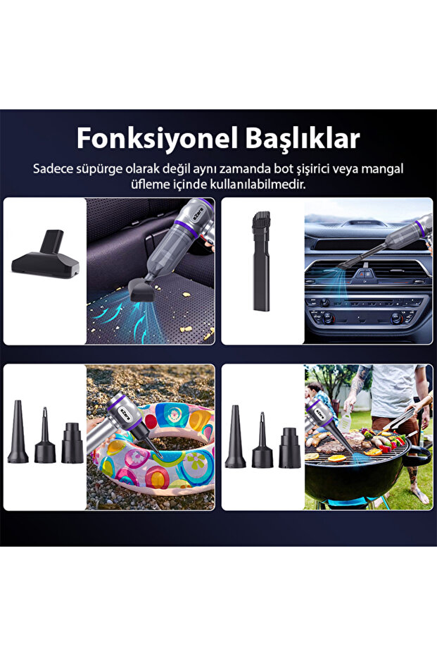 7800 mAh Güçlendirilmiş Pil 20000pa Güçlü Portatif Vakumlu Kablosuz Üflemeli Mini Araç Süpürgesi - 6