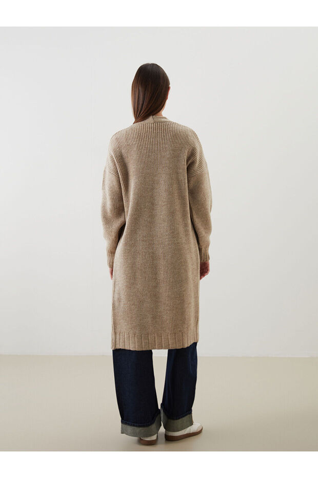 Bej Şal Yaka Oversize Kadın Triko Hırka - 4