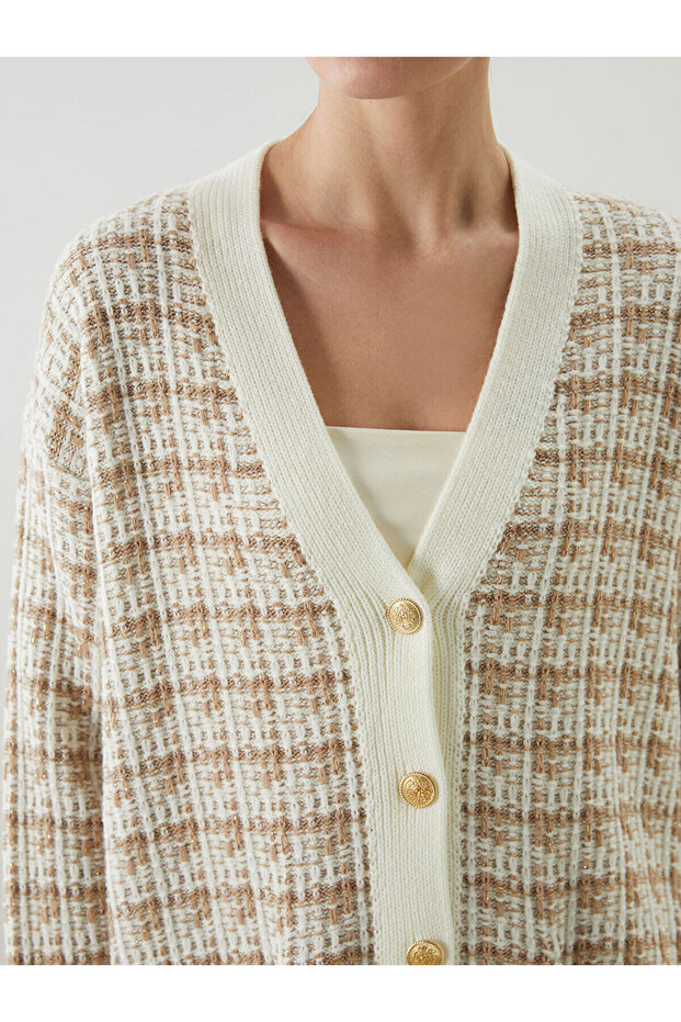 LCWAIKIKI Kadın V Yaka Desenli Triko Hırka - 4