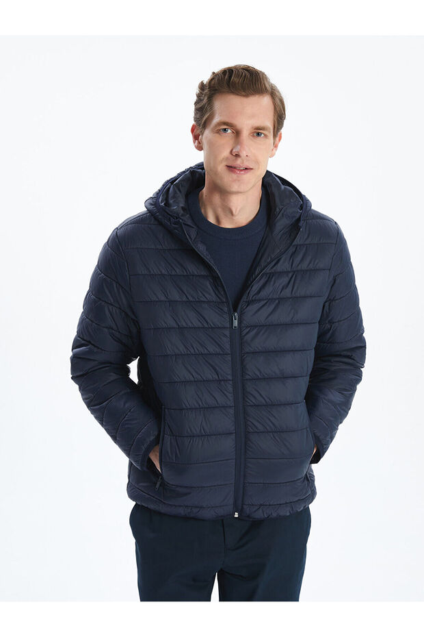 Navy Blue Standard Fit Hooded Men's Puffer Coat