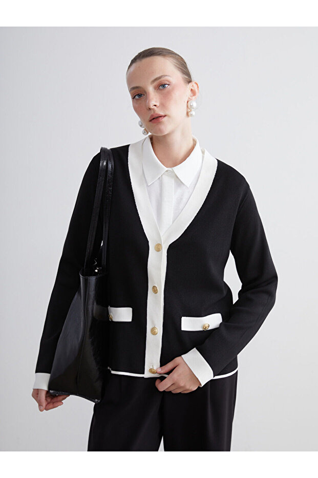 V Yaka Kadın Triko Hırka - 1