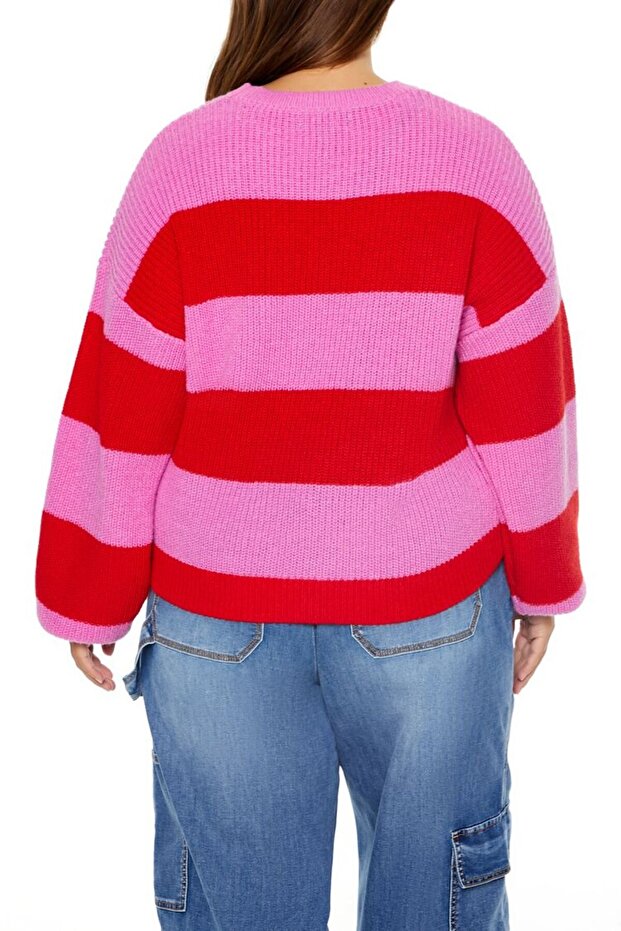 Plus Size Çizgili Kazak - 3