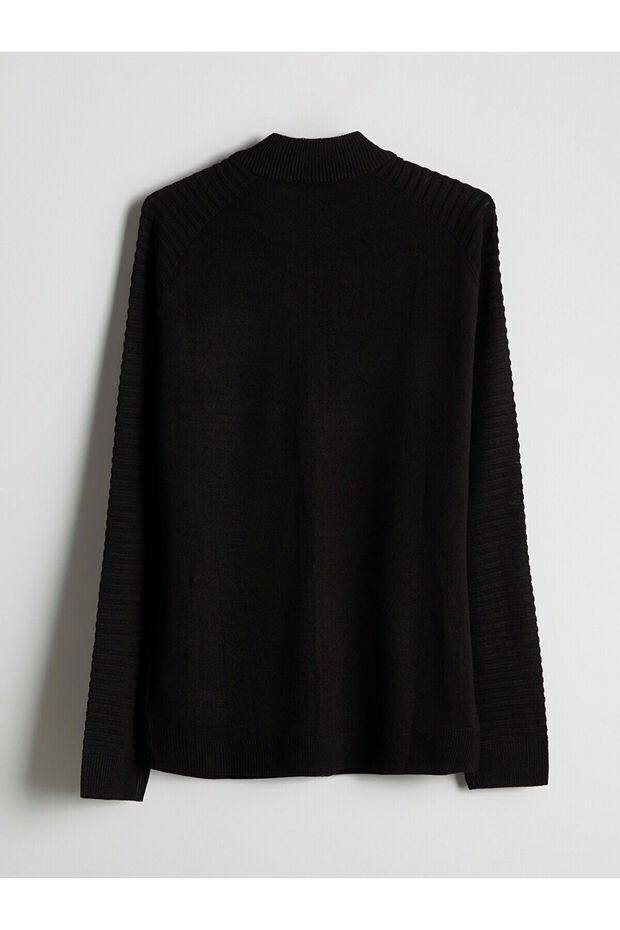 Black Stand Collar Men's Knitwear Cardigan with Pockets - 8