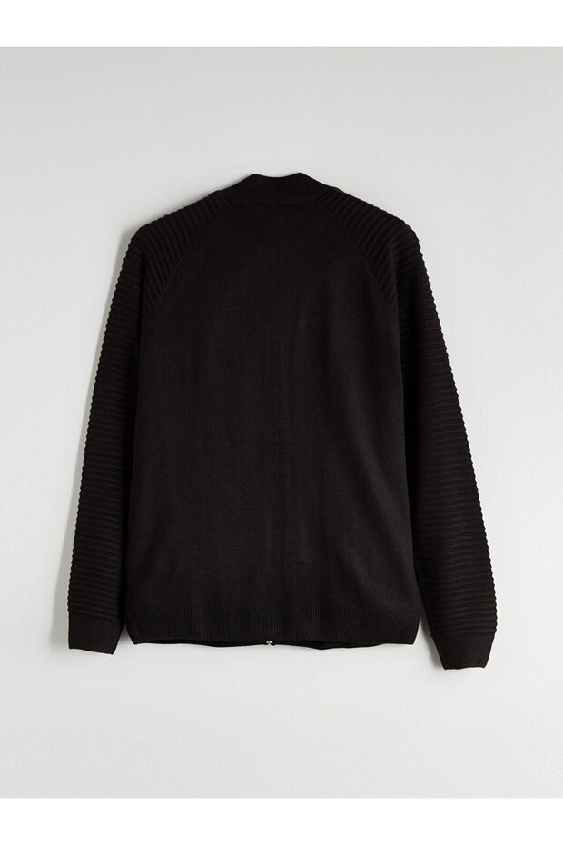 Black Stand Collar Men's Knitwear Cardigan with Pockets - 7