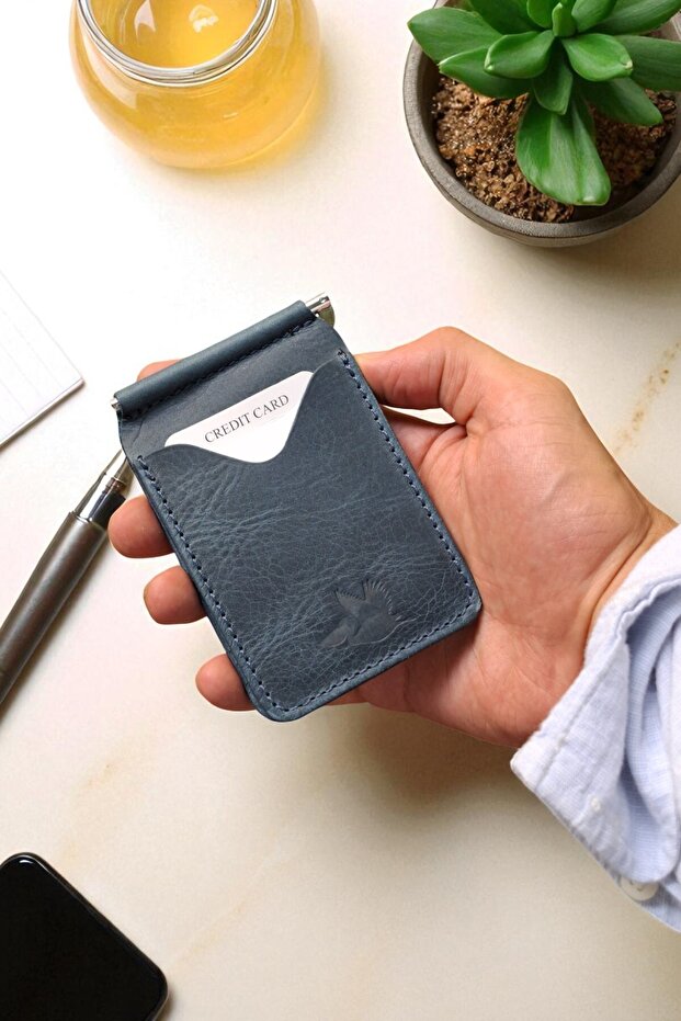 Navy Blue Men's Wallet Genuine Leather Money Clip Vintage Card Holder