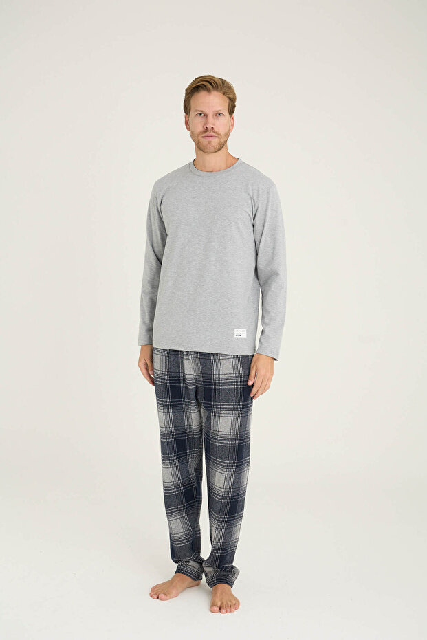 طقم بيجامة رجالي بياقة دائرية مريح للنوم