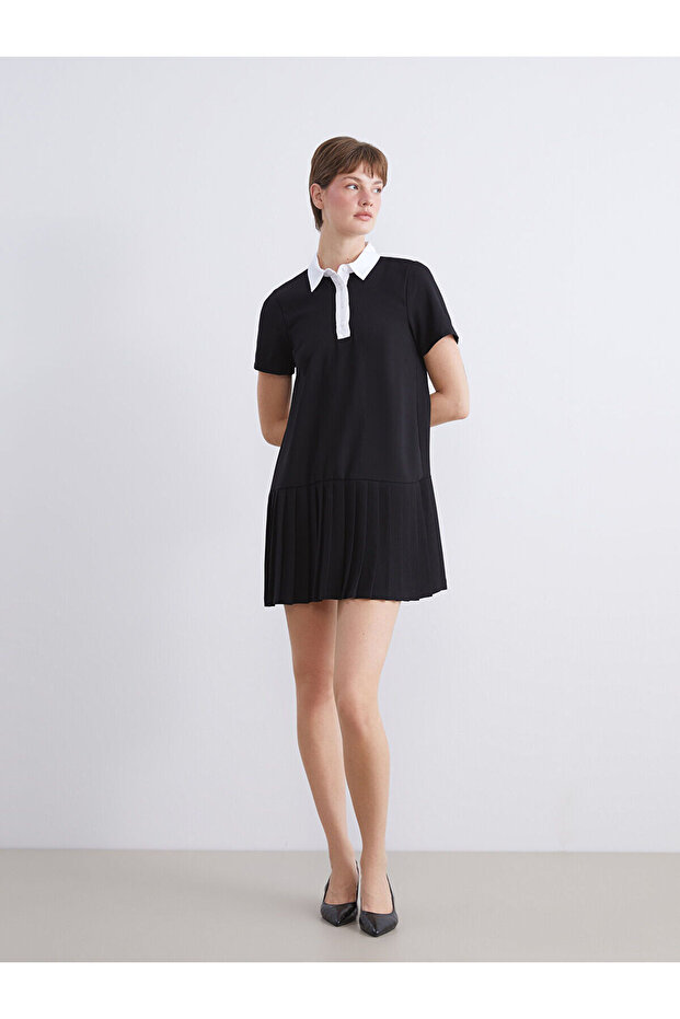 Lcw Comfort Shirt Collar Pleated Mini Dress (W5)