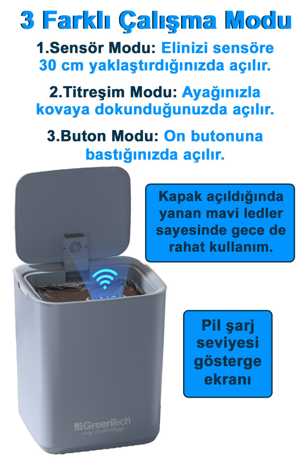 Sensörlü Şarjlı 22 Litre Çöp Kovası (Şarj Edilebilir Lityum Pilli) / GT-SC05K - 6
