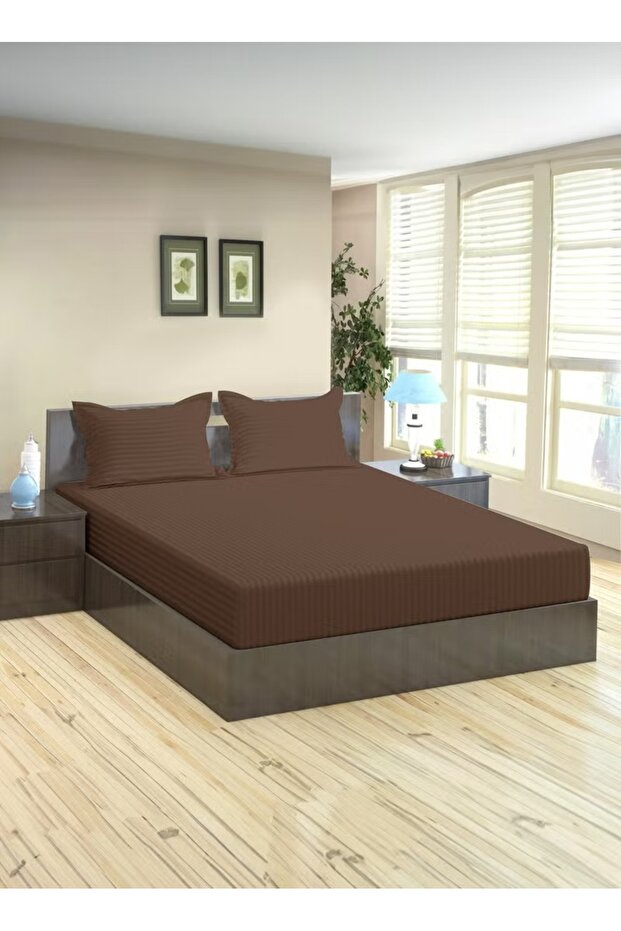 King Striped Fitted Elastic Bedsheet with 2 Pillow Case 200 x 200 Cm (Coffee Brown)