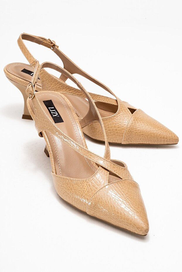 Beige - Snake Pattern Women's Open-Back Heeled Shoes
