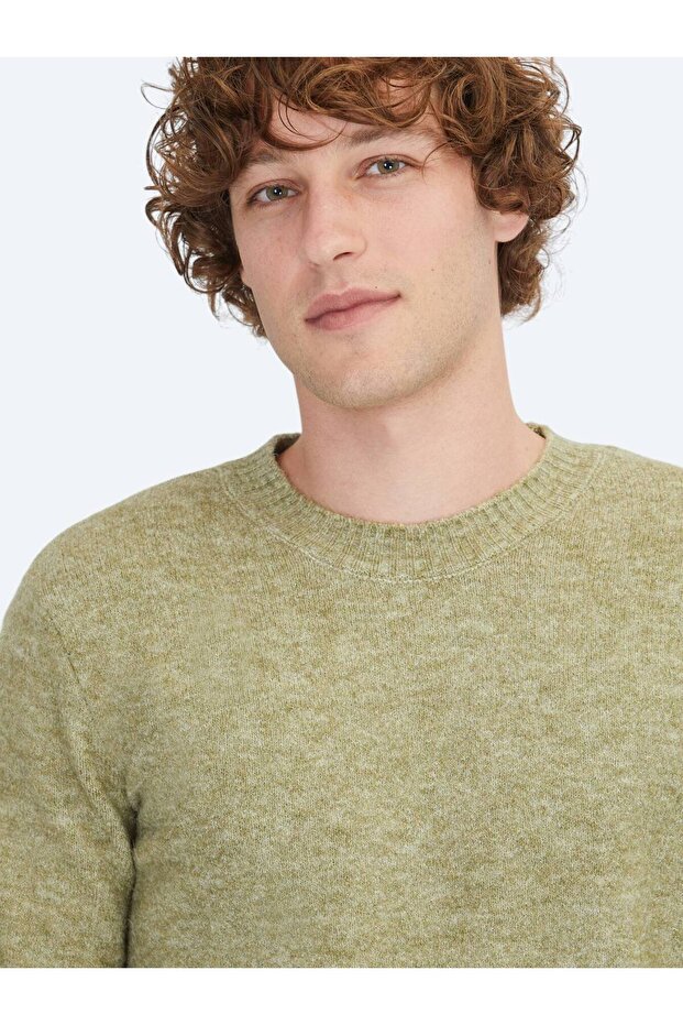 Haki Bisiklet Yaka Jakarlı Yün Karışımlı Triko Kazak - 4