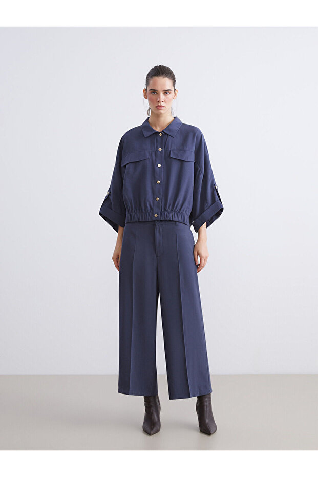 Lcw Vision Navy Blue Modal Blend Wide Leg Women's Trousers