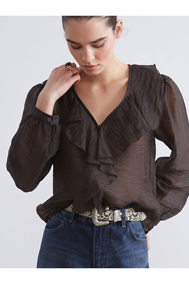 LCW Vision V Yaka Fırfırlı Şifon Bluz - 3