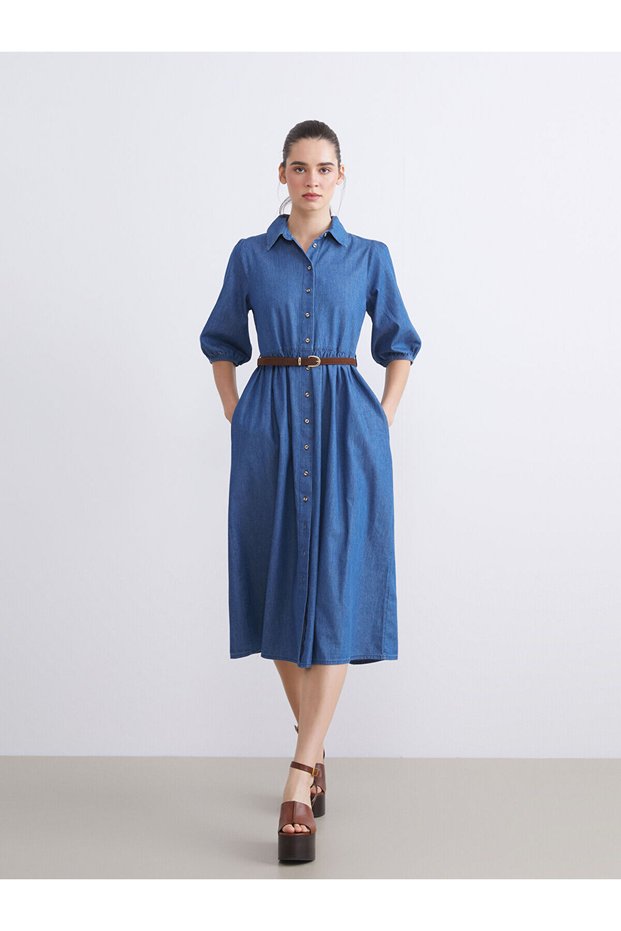 Ozmarka New Season Shirt Collar Balloon Sleeve Belted Jean Dress