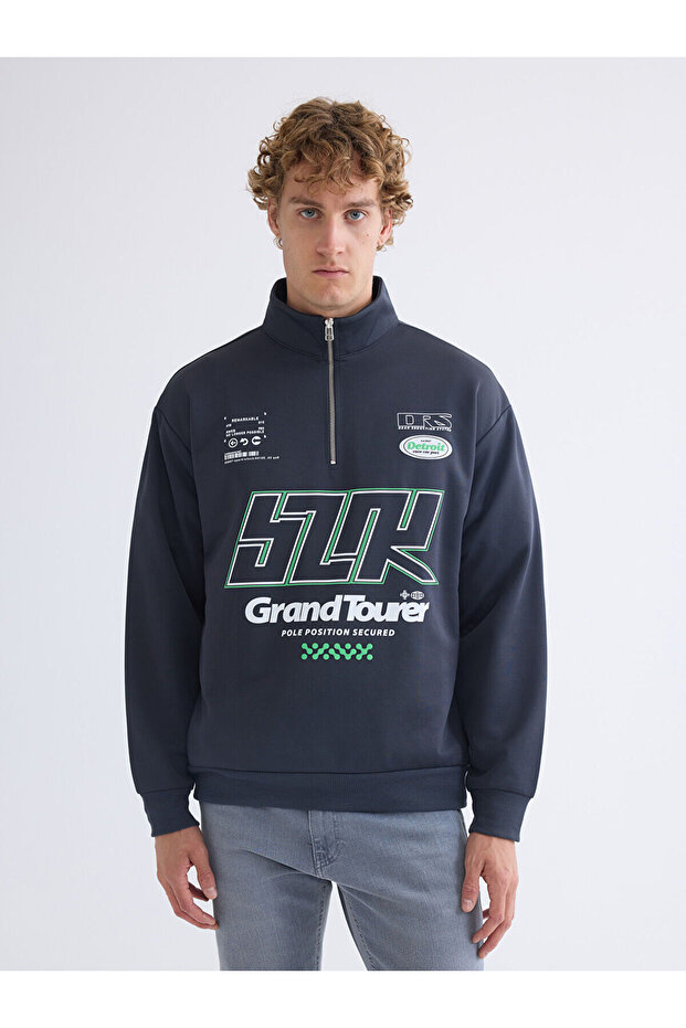 Anthracite Stand Collar Printed Men's Sweatshirt