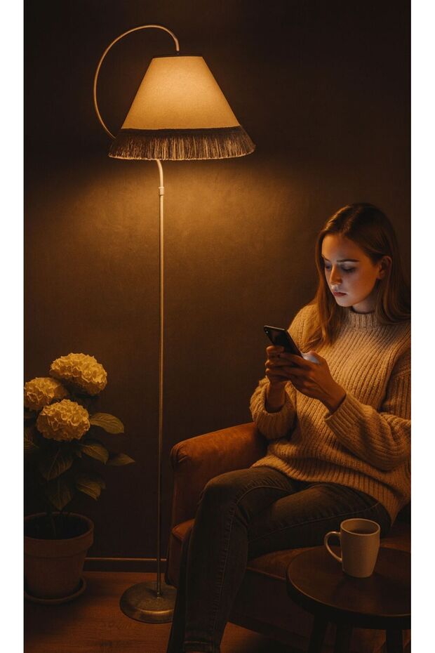 Lambader + Tekli Sarkıt -- Çise Set Krem Sarı Patine Abajur Krem Şapka Bohem Tarzın Modern Hali - 4