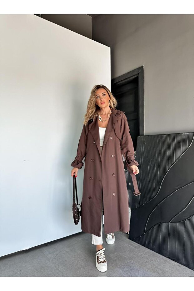 Kahve Astarlı Kemerli Trençkot - 1