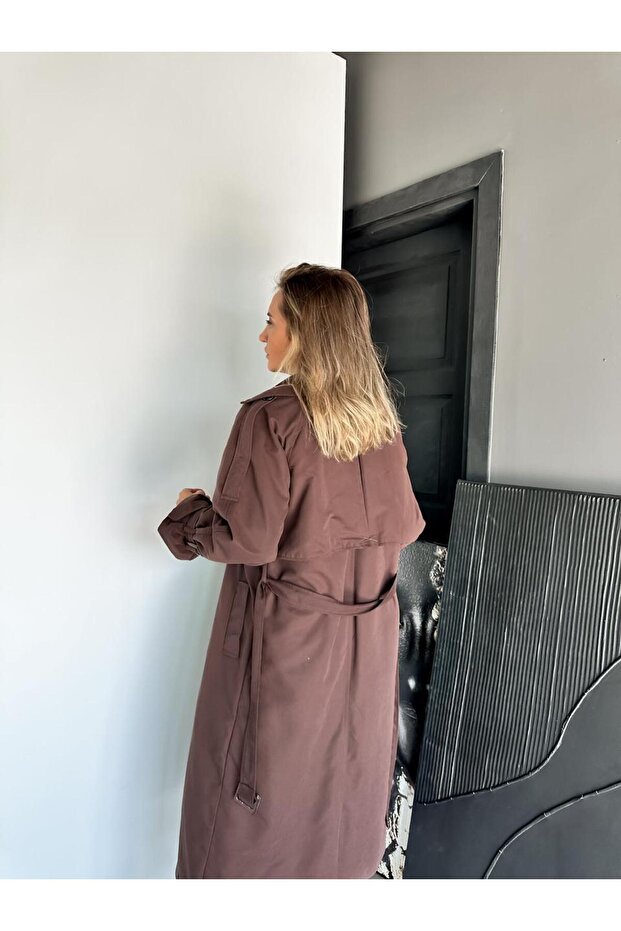 Kahve Astarlı Kemerli Trençkot - 5