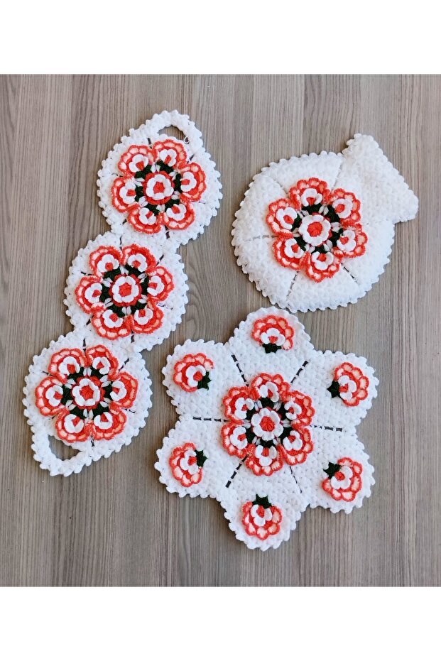 Handmade Floral Patterned Washcloth Set of 3-Orange White