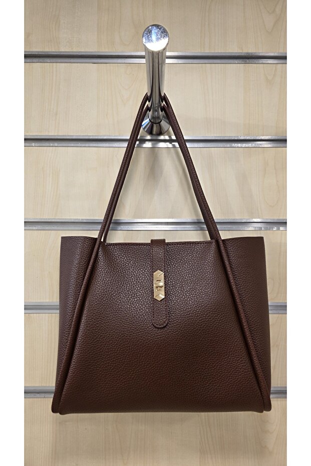 Women's Large Shoulder Bag with Faux Leather Lock Detail
