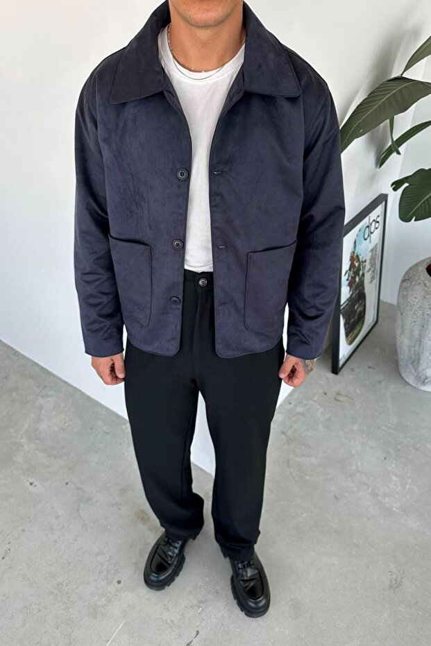 Navy blue suede fabric button detailed relaxed jacket