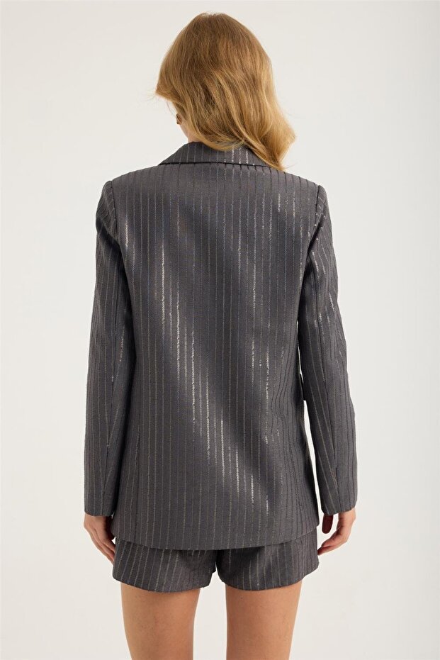 سترة بزر واحد مع شريط من الترتر - 5